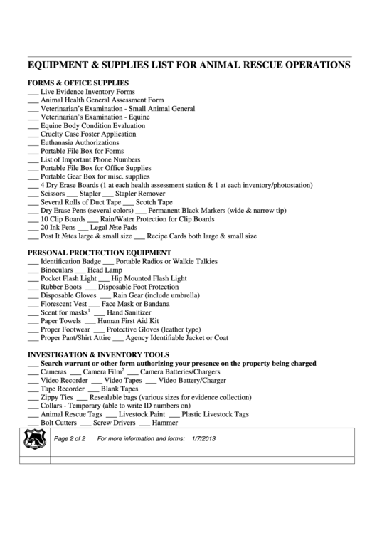 Equipment & Supplies List For Animal Rescue