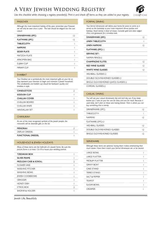 Jewish Wedding Registry Checklist Template Printable pdf