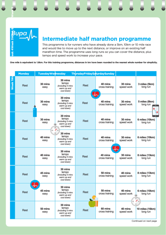 Intermediate Half Marathon Programme Printable pdf