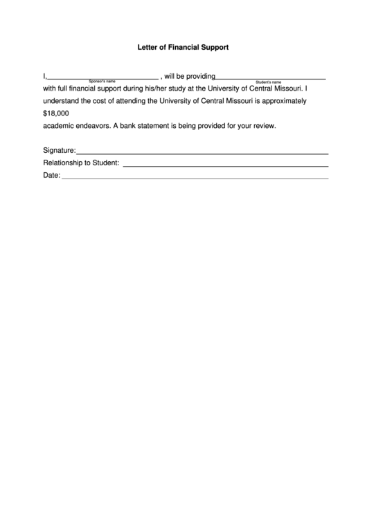 Letter Of Financial Support Printable pdf
