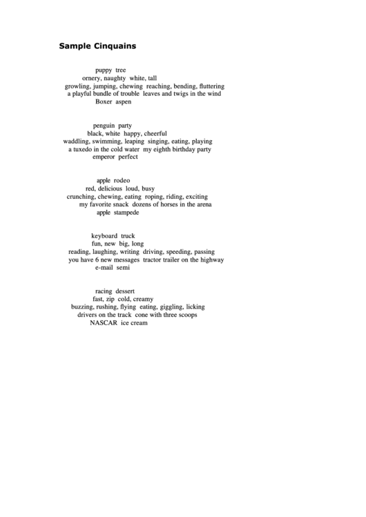 Sample Cinquain Poem Templates printable pdf download