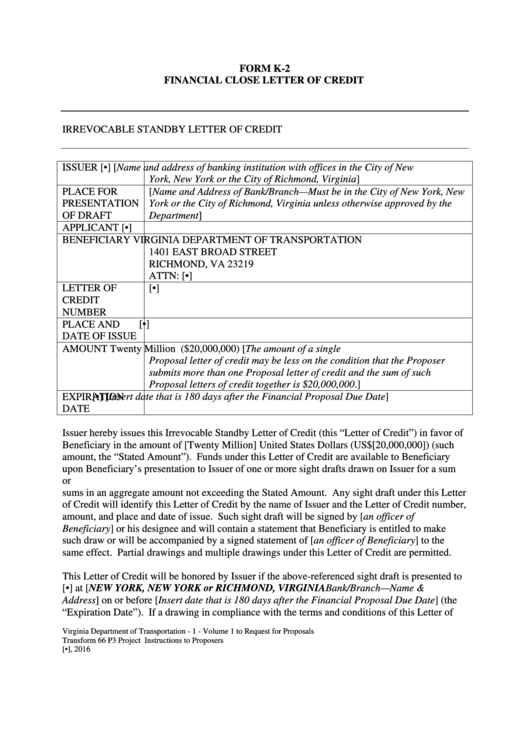 Form K-2 - Financial Close Letter Of Credit Printable pdf