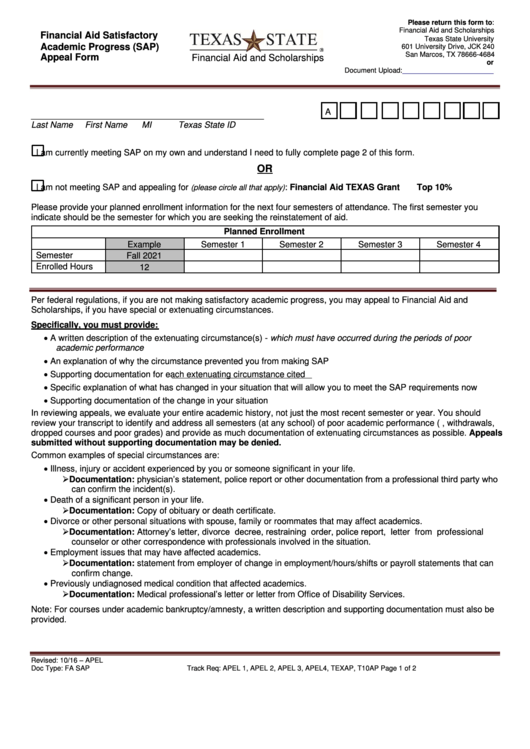 Fa Sap - Financial Aid Satisfactory Academic Progress (Sap) Appeal Form Printable pdf