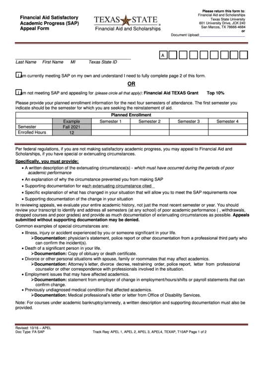 Fa Sap Financial Aid Satisfactory Academic Progress (Sap) Appeal Form