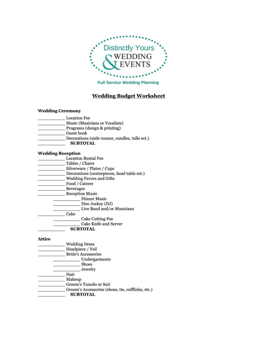 Wedding Budget Worksheet Template Printable pdf