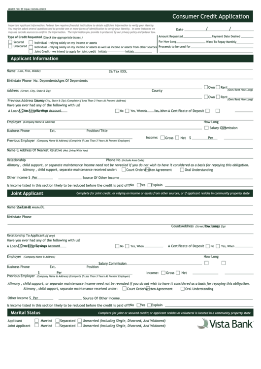 Fillable Consumer Credit Application - Vista Bank Printable pdf