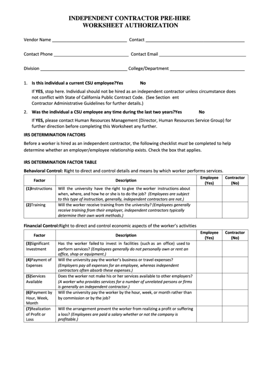 Independent Contractor Pre-hire Worksheet Authorization Form