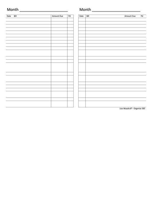 Monthly Bill Organizer Template Printable pdf