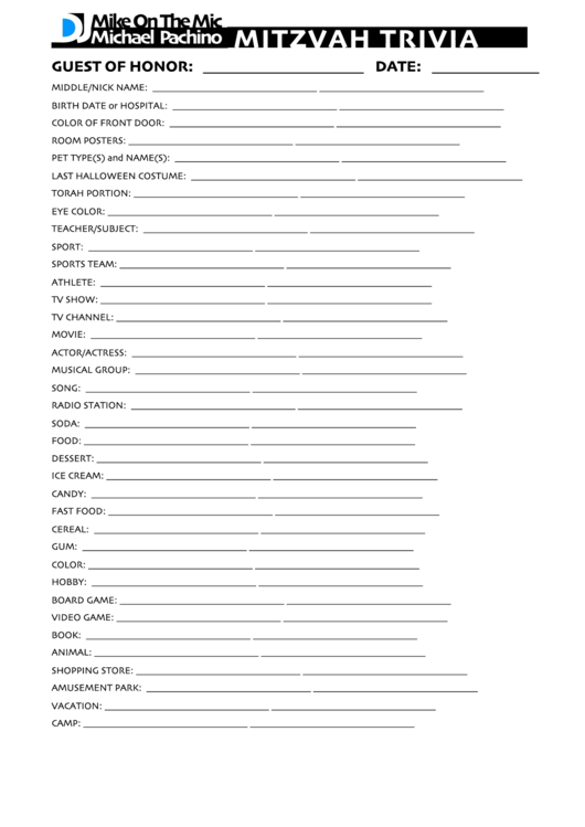 Fillable Mitzvah Trivia Questions Answer Sheet Printable pdf