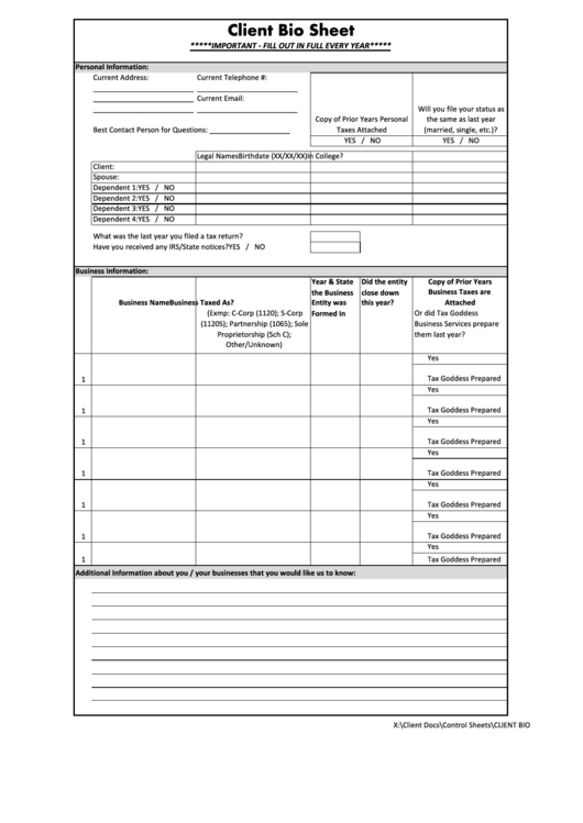 Client Bio Sheet - Tax Goddess Printable pdf