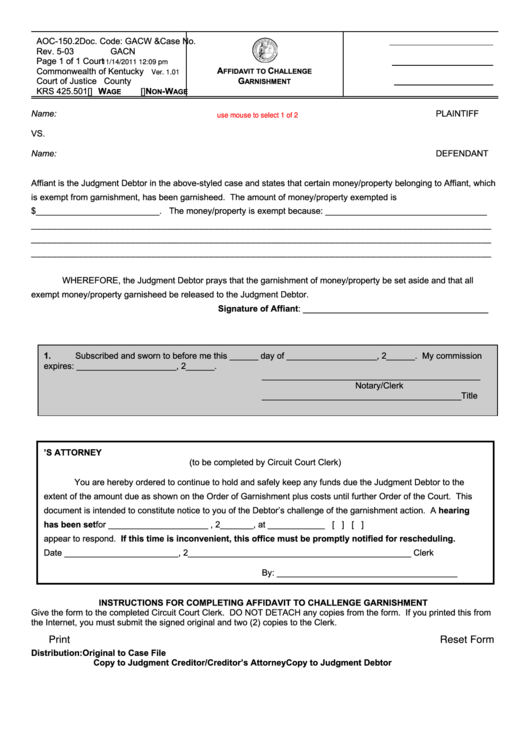 Fillable Affidavit To Challenge - Commonwealth Of Kentucky Printable pdf