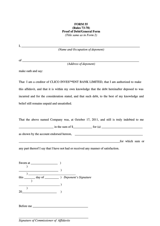 Form 55 (Rules 73-78) Proof Of Debt/general Form Printable pdf