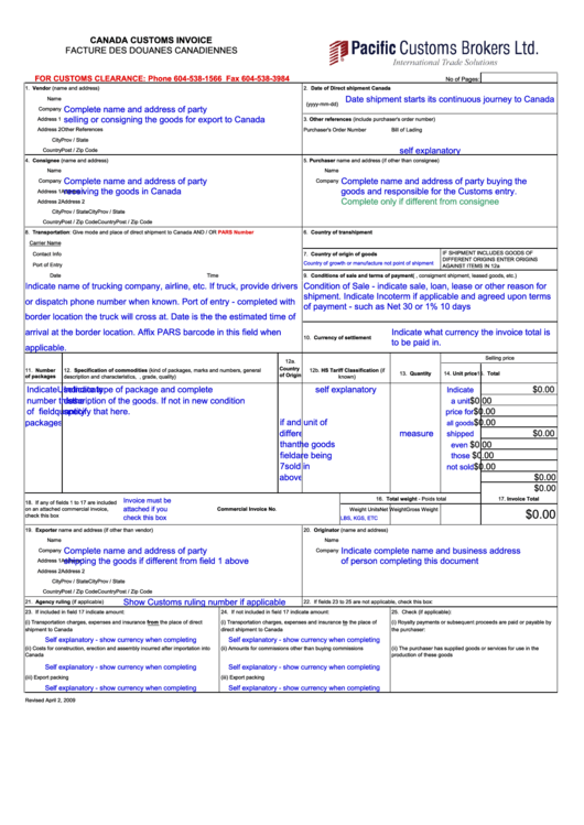 Sample Canada Customs Invoice Form