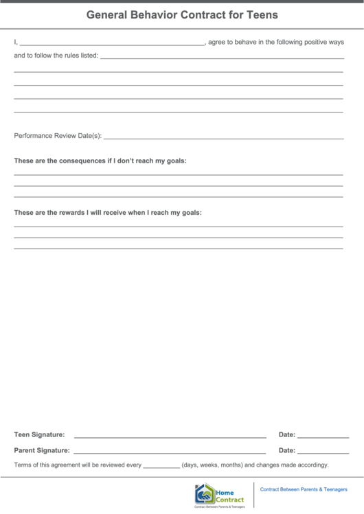 General Behavior Contract For Teens Template Printable pdf