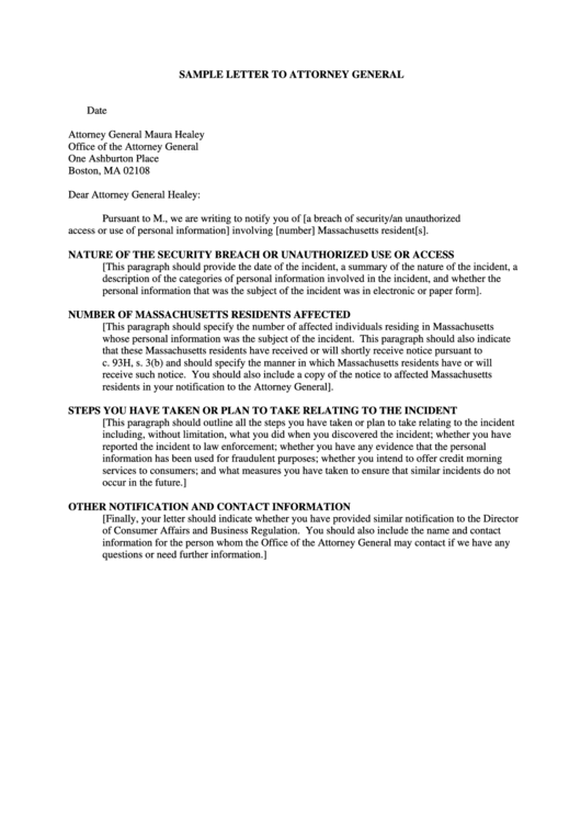 Sample Letter To Attorney General - Office Of The Attorney General, Boston, Ma Printable pdf