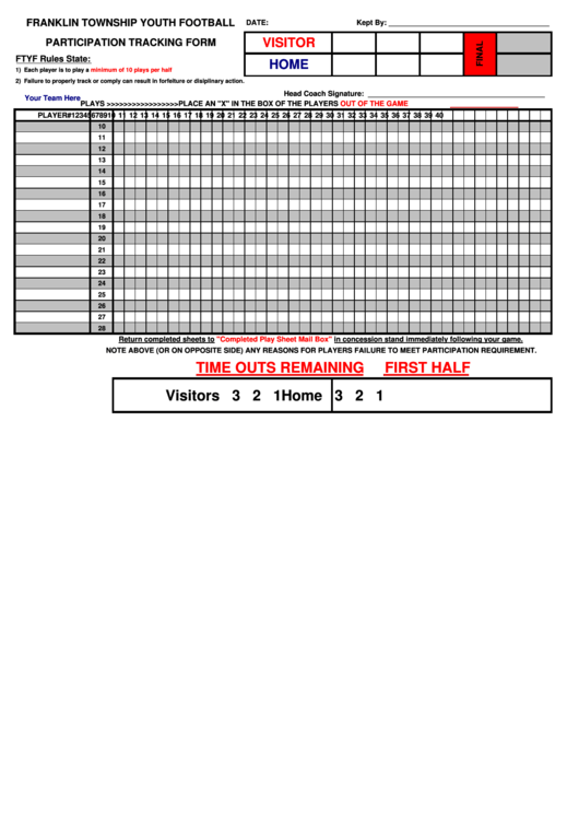 Youth Football Participation Tracking Form Printable pdf