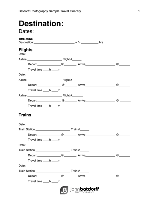 Fillable Photography Sample Travel Itinerary Template Printable pdf
