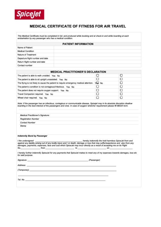 Medical Certificate Of Fitness For Air Travel Printable pdf