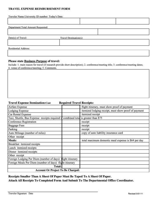 Fillable Travel Expense Reimbursement Form Printable pdf