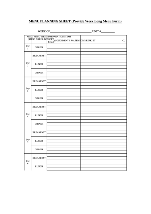 Menu Planning Sheet (Provide Week Long Menu Form) Printable pdf