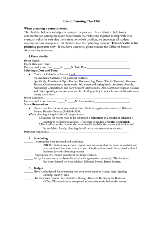 Sample Event Planning Checklist Template Printable pdf