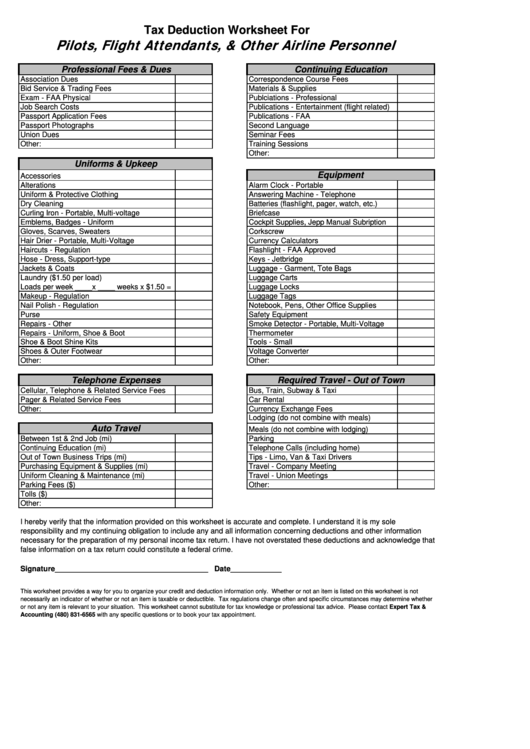Tax Deduction Worksheet For Pilots, Flight Attendants, & Other Airline Personnel Printable pdf