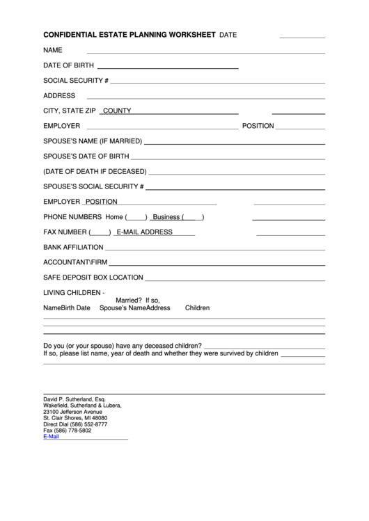 Confidential Estate Planning Worksheet Printable pdf