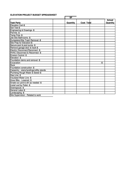 Elevation Project Budget Spreadsheet Printable pdf