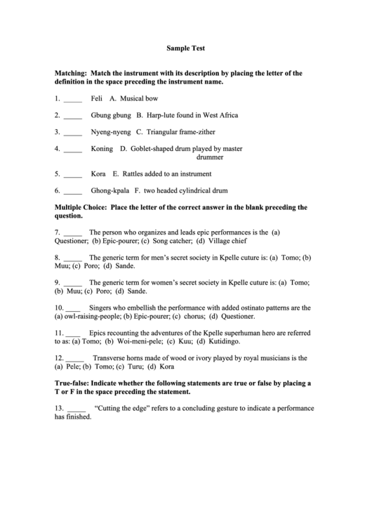 Match The Instrument With Its Description - Music Worksheet With Answer Key Printable pdf