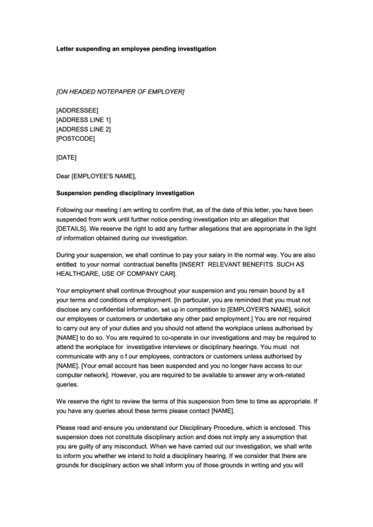 Letter Suspending An Employee Pending Investigation Printable pdf