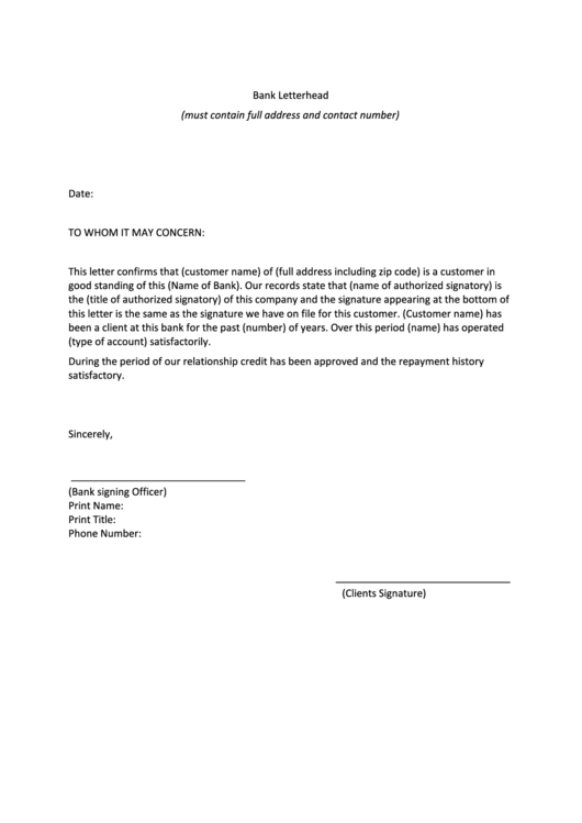 Bank Reference Letter Template