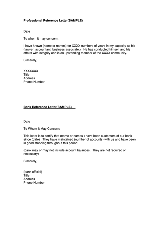 Bank Reference Letter & Professional Reference Letter (Sample) Printable pdf