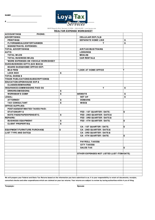 Realtor Expense Worksheet printable pdf download