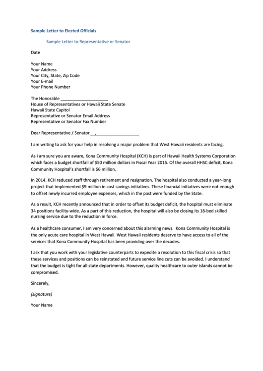 Sample Letter To Elected Officials Printable pdf