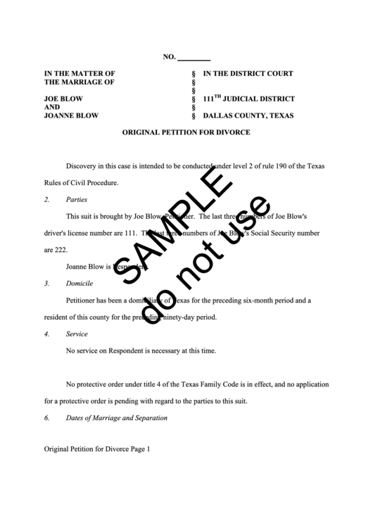 Original Petition For Divorce Dallas County Texas Printable Pdf Download