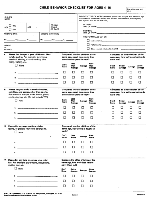 Child Behavior Checklist For Ages 4-16 Printable pdf