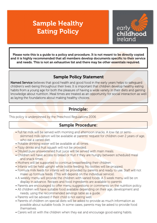Sample Healthy Eating Policy Template Printable pdf