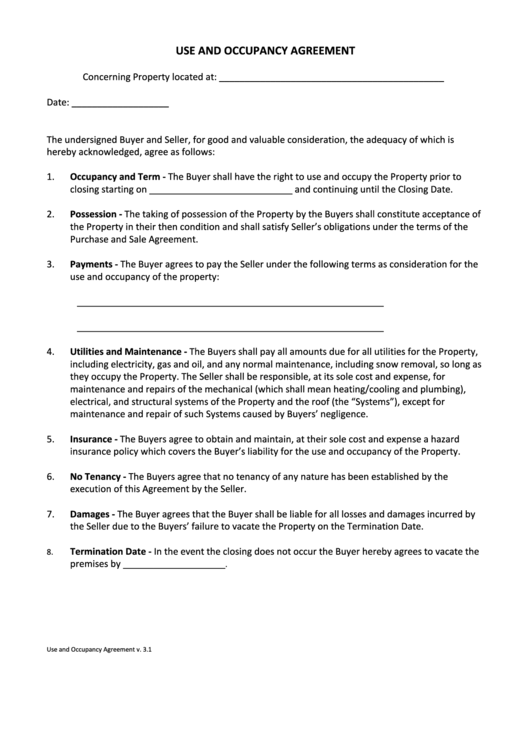Fillable Use And Occupancy Agreement Printable pdf