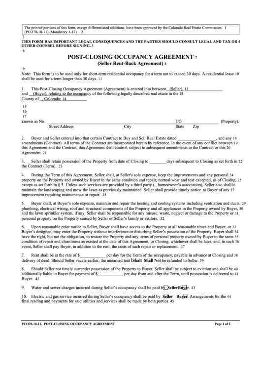 Pco70-10-11 - Post-Closing Occupancy Agreement Printable pdf