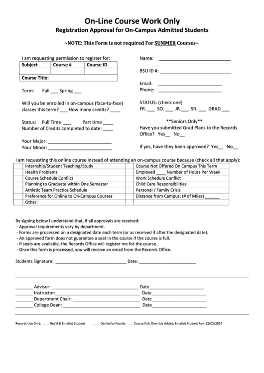 Sample Registration Approval Form For On-Campus Admitted Students Printable pdf