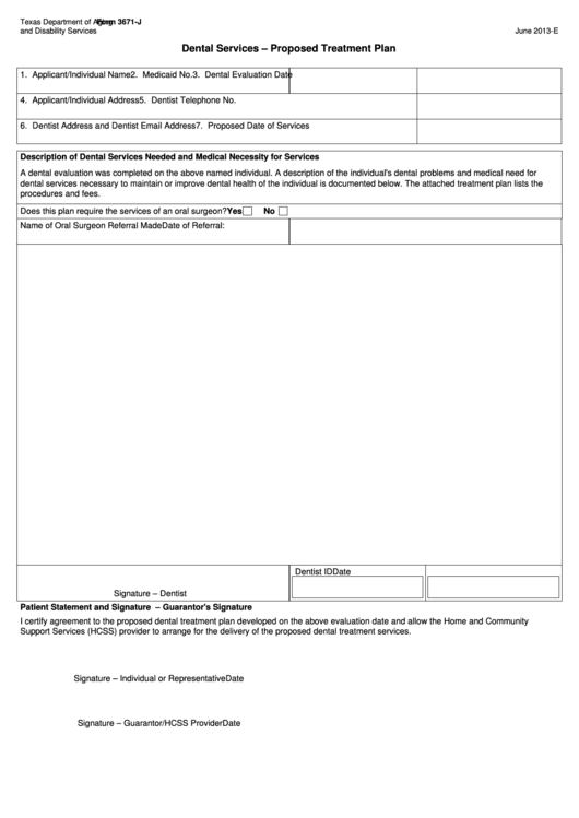Fillable Form 3671-J - Dental Services - Proposed Treatment Plan Printable pdf