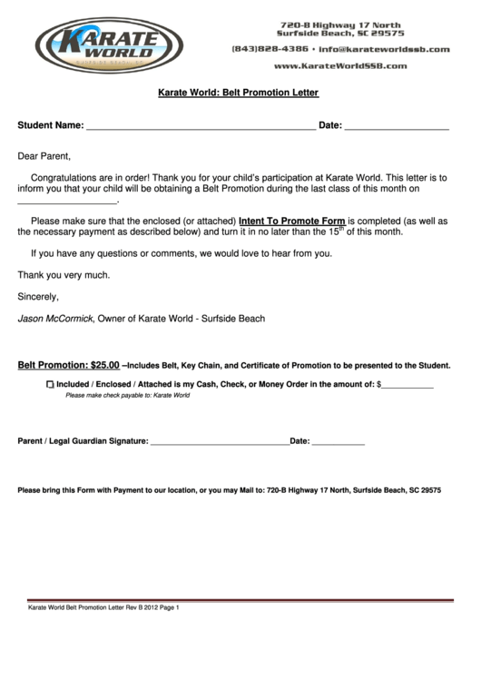 Sample Karate Belt Promotion Letter Template Printable pdf