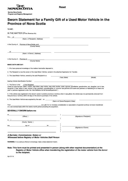 Sworn Statement For A Family Gift Of A Used Motor Vehicle In The Province Of Nova Scotia Printable pdf