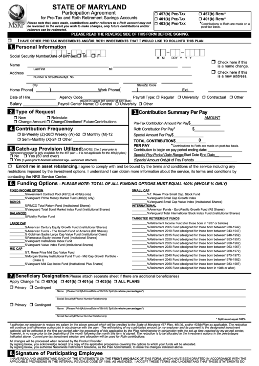 Dc-4531-0213 - Participation Agreement For Pre-tax And Roth Retirement Savings Accounts