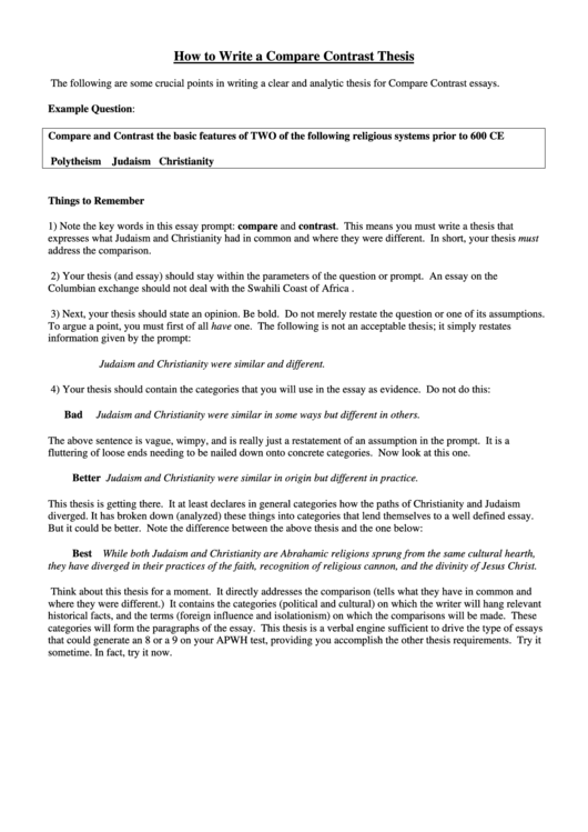 Compare Contrast Thesis Instructions Printable pdf