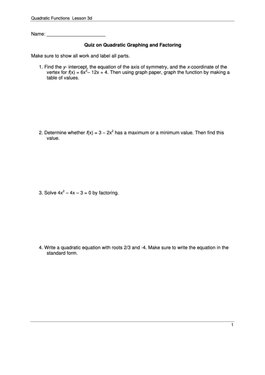 Quiz On Graphing And Factoring Worksheet Printable pdf