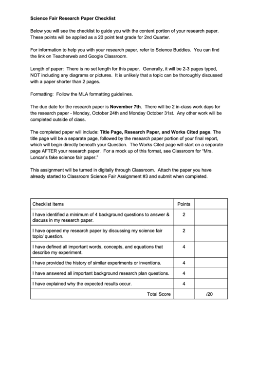 Science Fair Research Paper Checklist Printable pdf