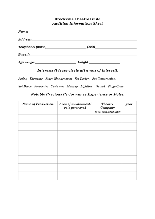 Brockville Theatre Guild Audition Information Sheet Printable pdf
