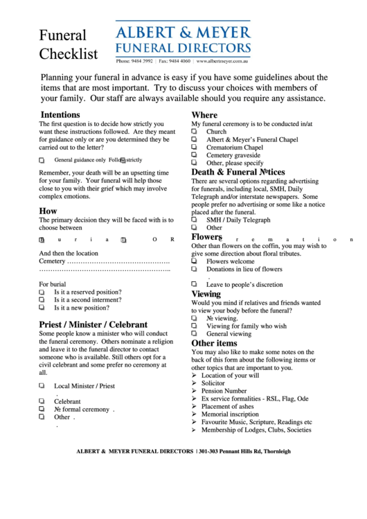 Funeral Checklist Template Printable pdf