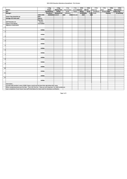 Education Attendance Spreadsheet Printable pdf